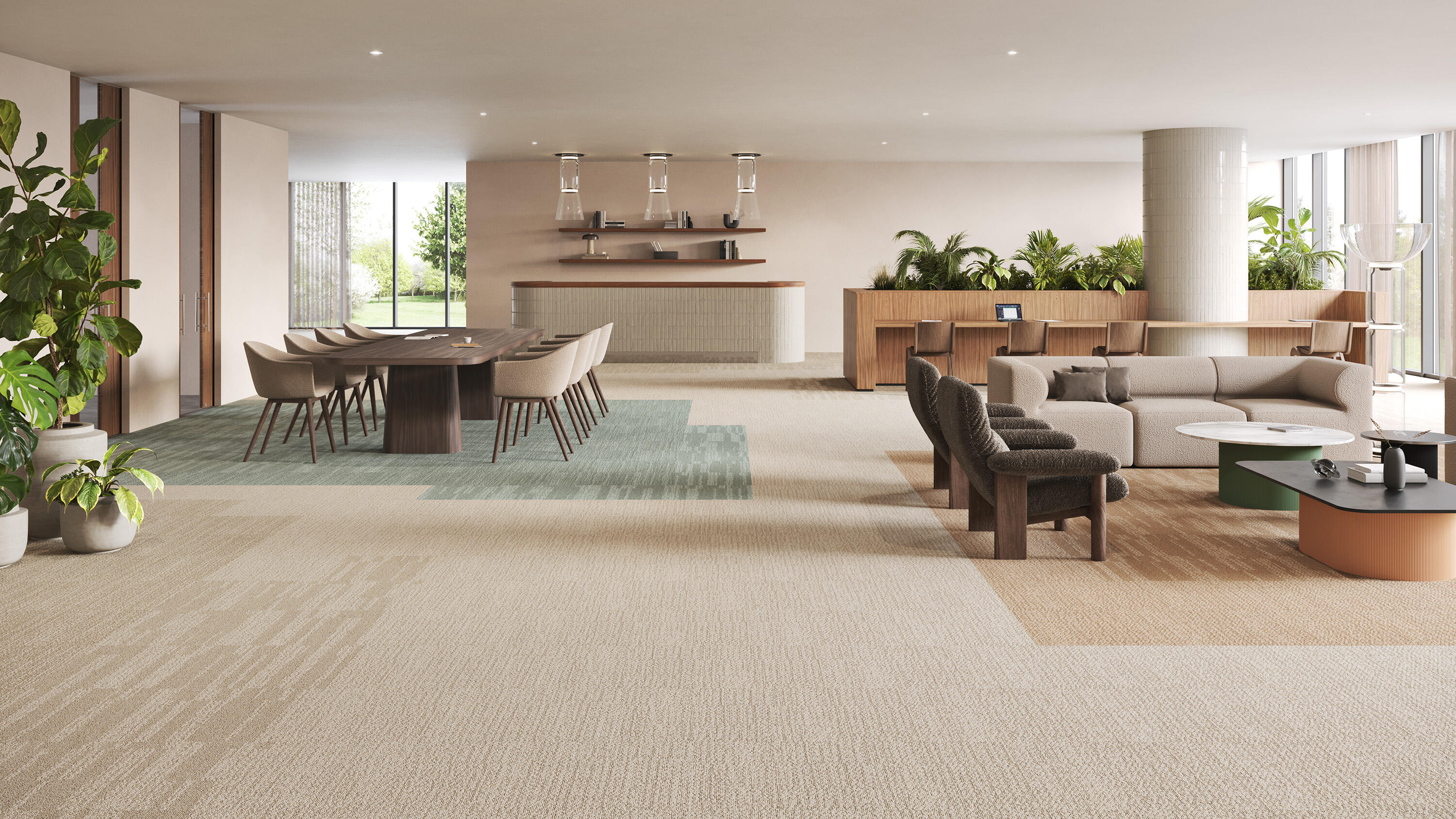 Landscape image of Tactile Craft by DESSO carpet tiles with zones separated by color, showcasing modern and sustainable design.