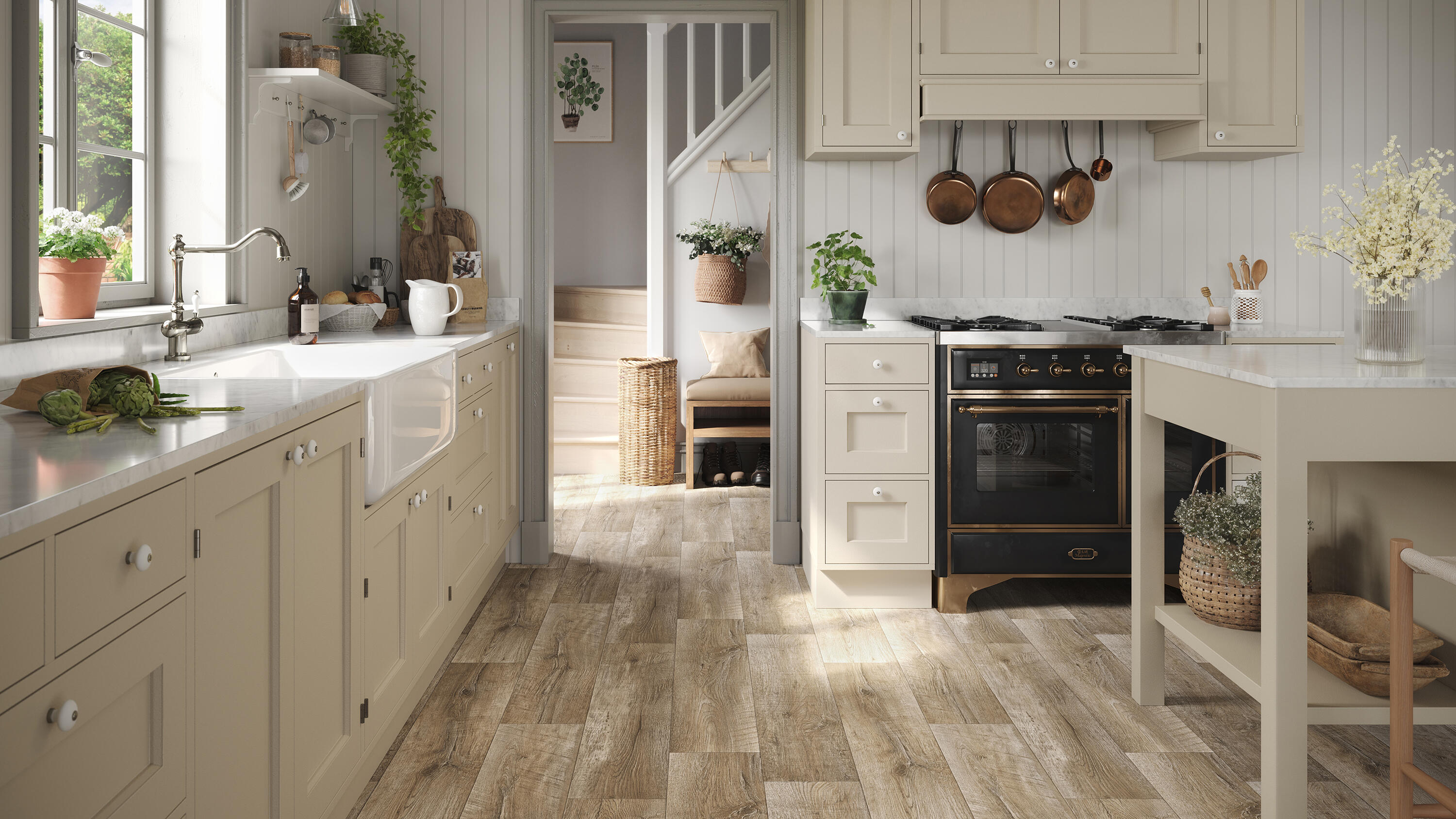 Stylish kitchen with water-resistant vinyl flooring, neutral tones and light, ideal for durable kitchen and bathroom interiors