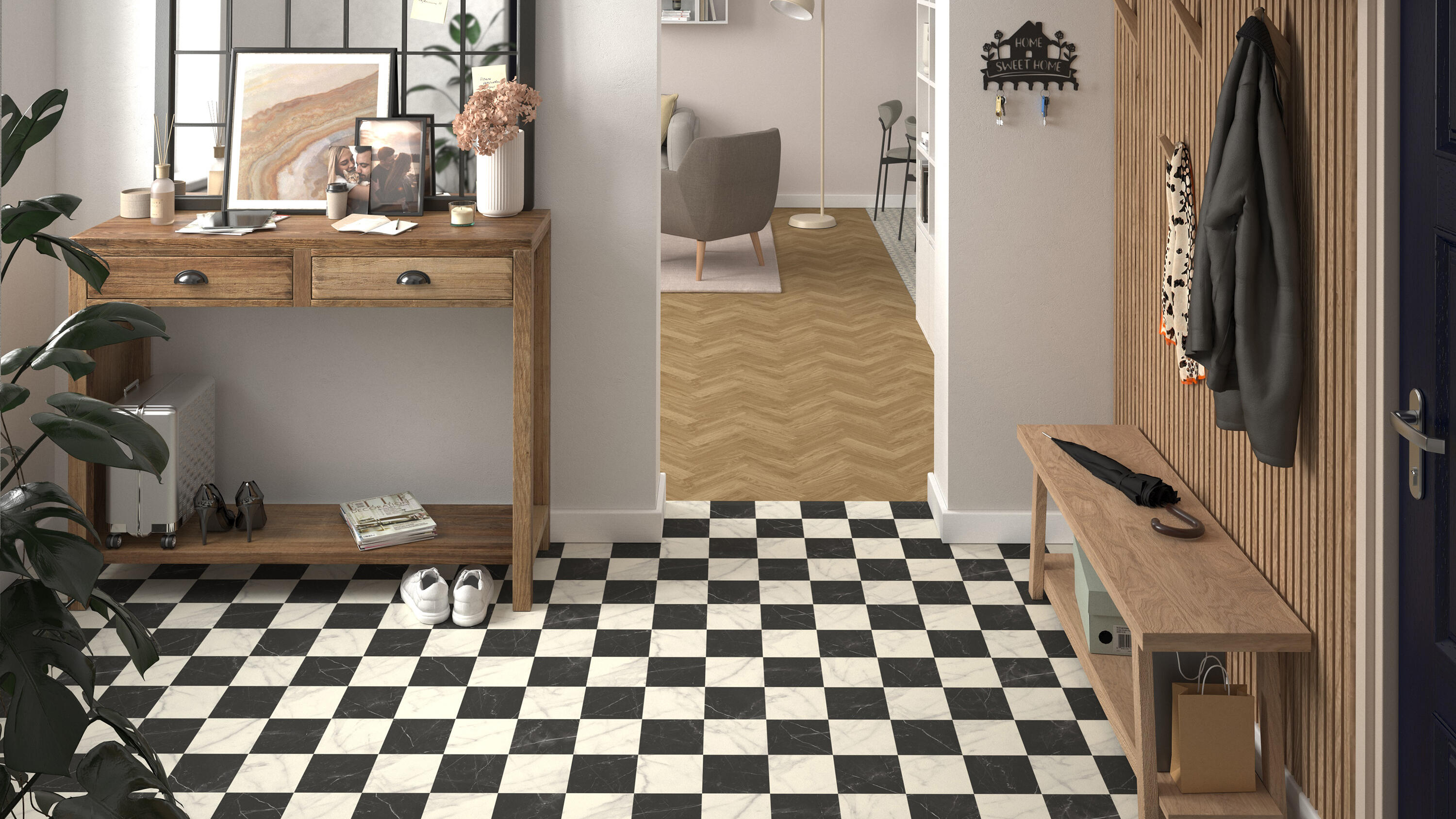 Tarkett vinyl flooring designs featuring herringbone wood effect and patterned floors in a stylish modern interior.