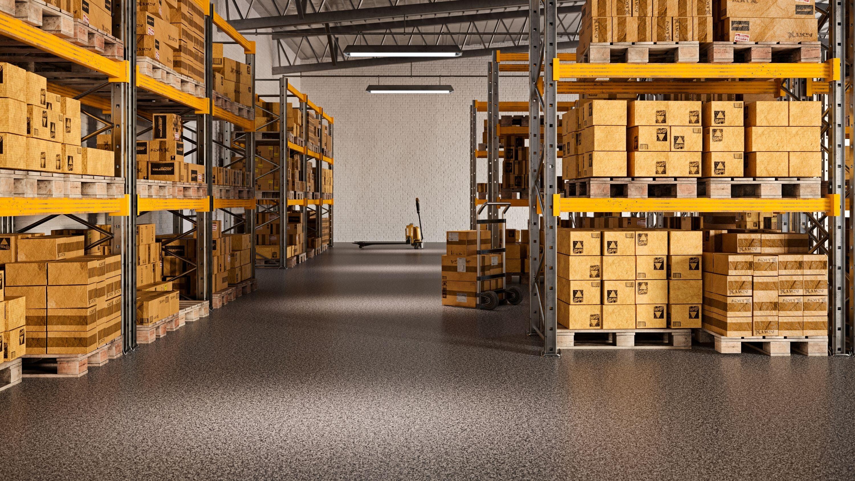 Warehouse with background automatic forklift and very heavy traffic flooring iD Tilt HIT