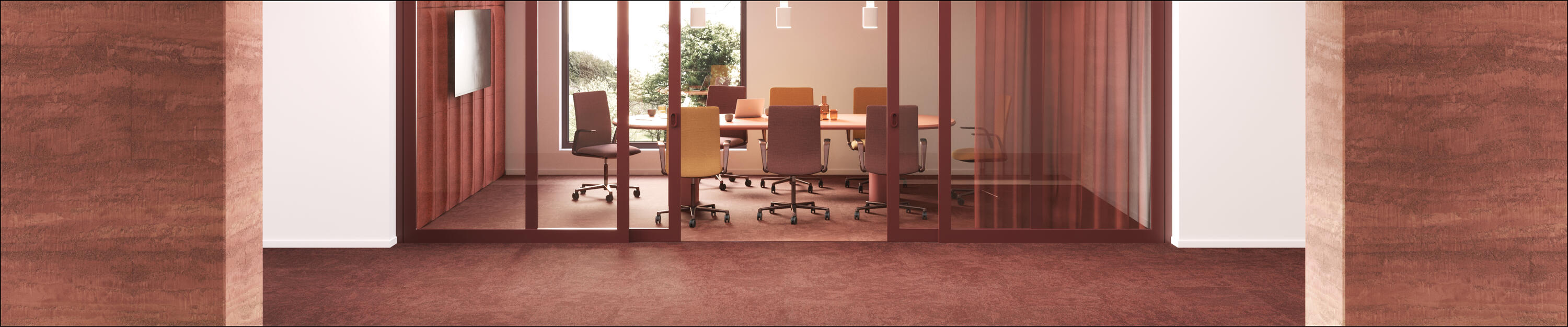 landscape image of workspace with DESSO Desert commercial carpet tile collection