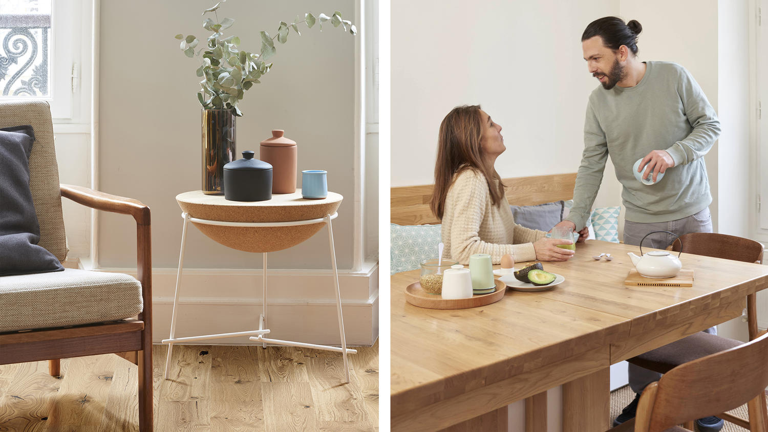 Close-up on a living room and a couple chatting in dining room