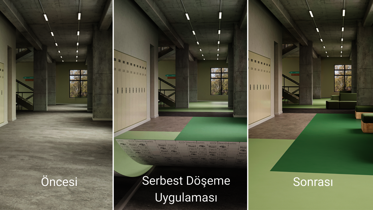 Tarkett'in Essential serbest döşeme zemin kaplamasıyla gerçekleştirilen hızlı ve verimli okul renovasyonu.