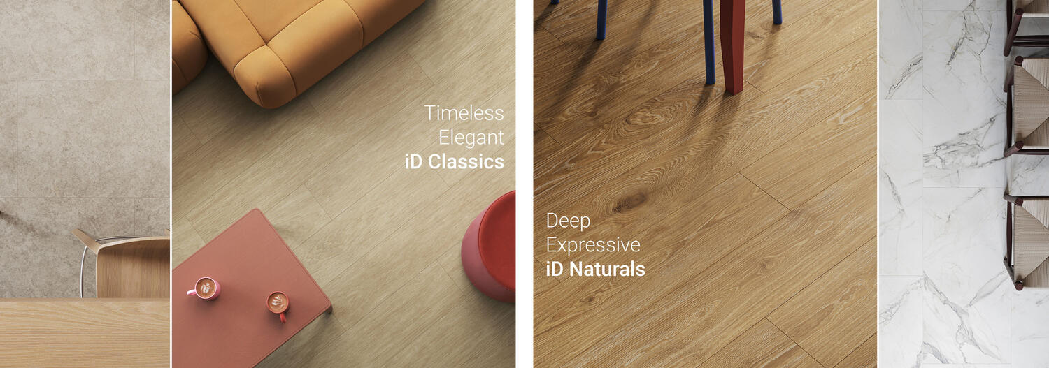 Composite lifestyle image with light wood and stone flooring across multiple room scenes, featuring iD Classics & iD Naturals