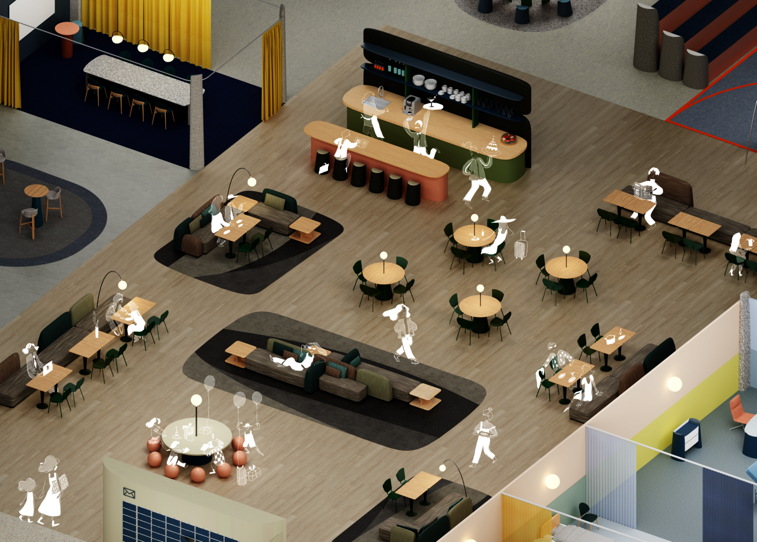 Restaurant rendering with Tarkett LVT and carpet tiles 
