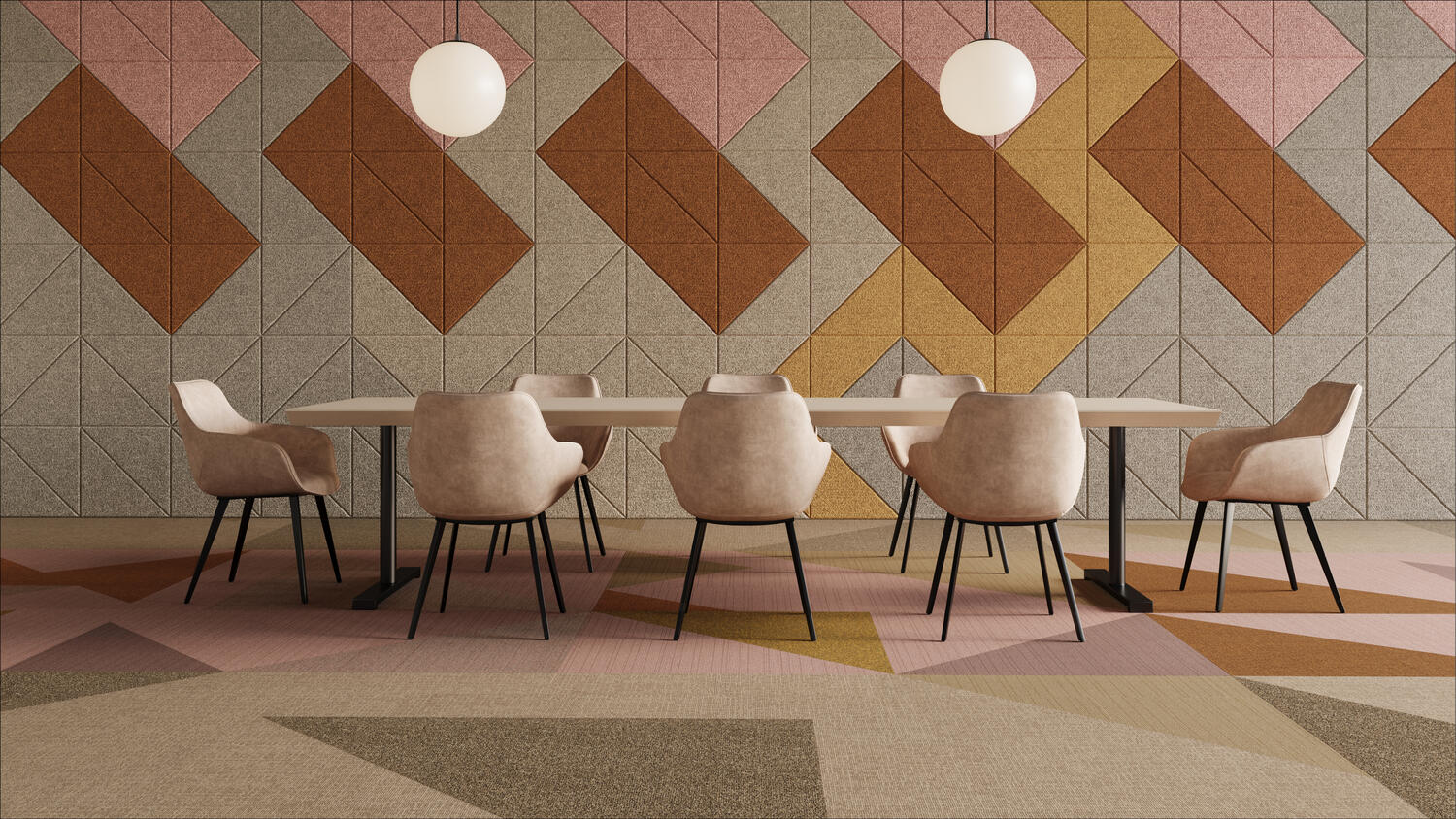 Espaço interior harmonioso com paleta de cores a condizer Design de interiores com pavimento Tarkett e paredes acústicas Baux