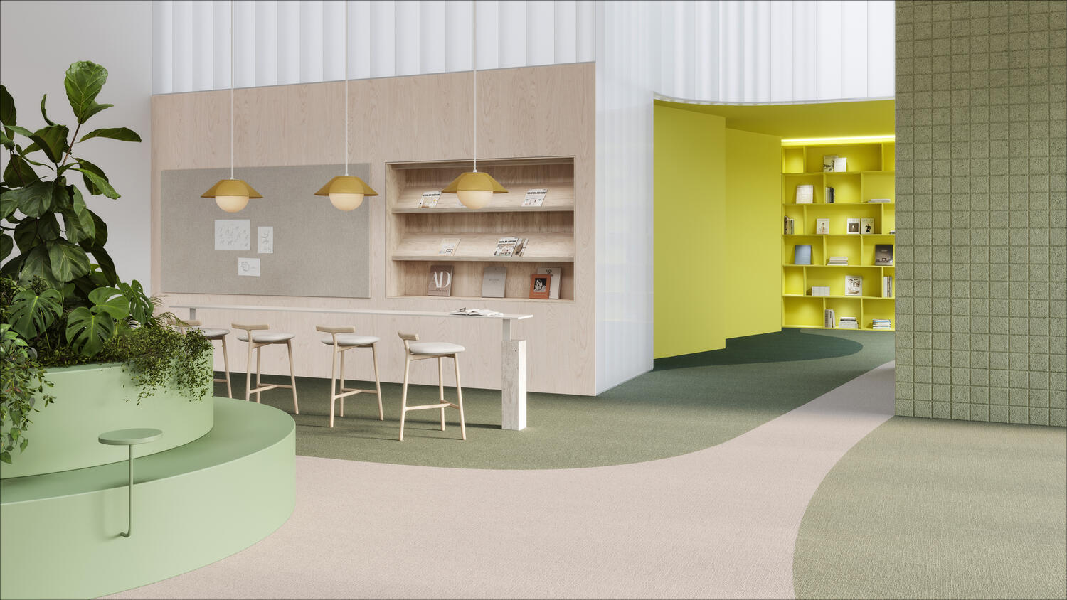 Kleurrijke en moderne werkplekken waar drie complementaire DESSO AirMaster designs worden getoond.