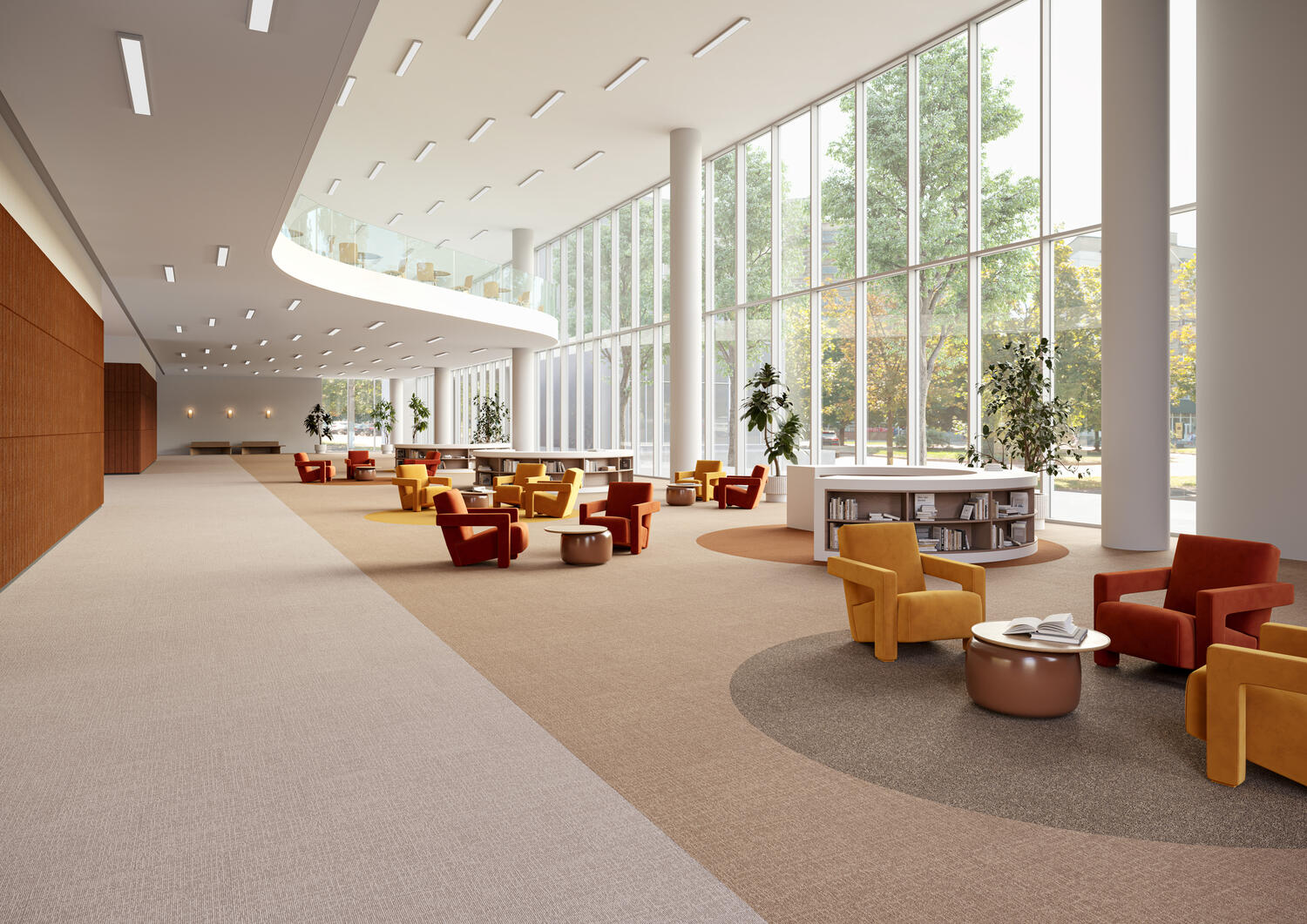 Collaborative spaces with warm reds and oranges