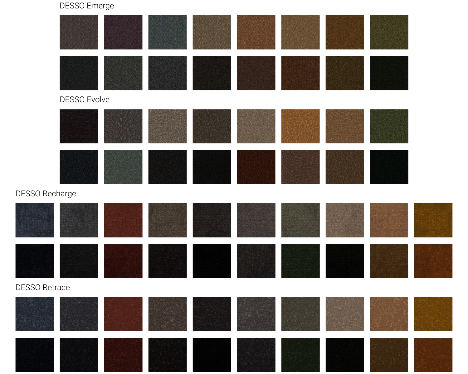 DESSO Origin: Emerge, Evolve, Recharge, Retrace tapijttegels Kleuroverzicht