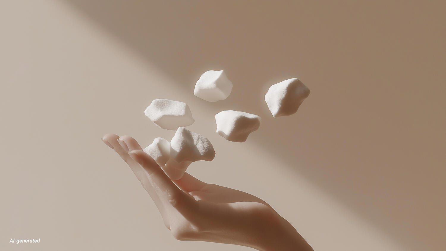 Bild av en hand som kastar upp vita föremål i luften