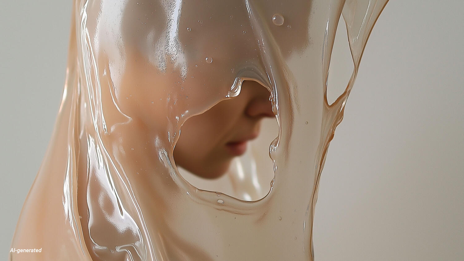 AI-bild förställande en kvinna bakom en rinnande genomskinlig massa