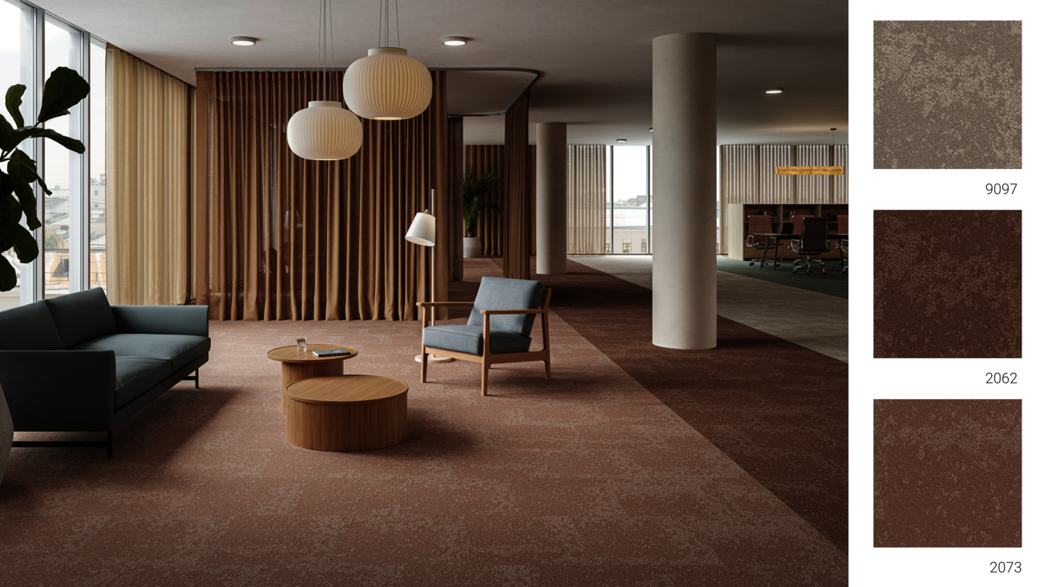 DESSO Arable carpet tiles in a modern office interior with pink and brown colours in a reception common area