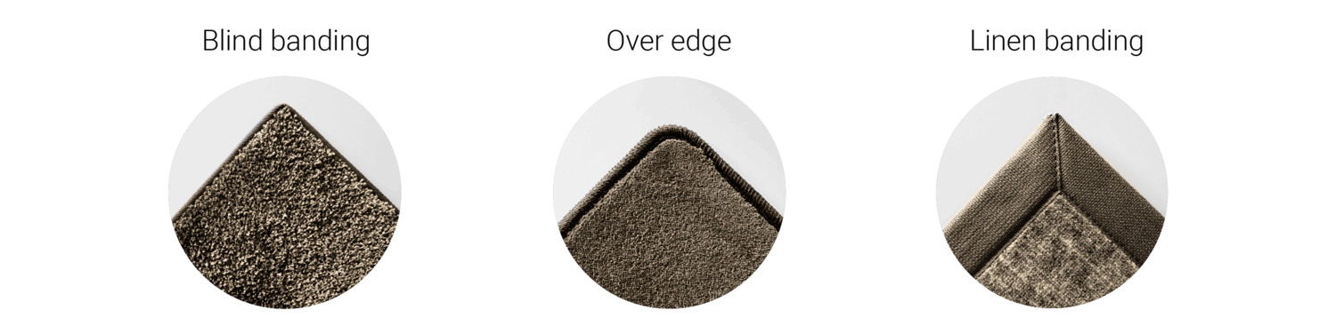 DESSO by Tarkett custom rugs available edgins such as linen banding, over edge, blind banding, volume.