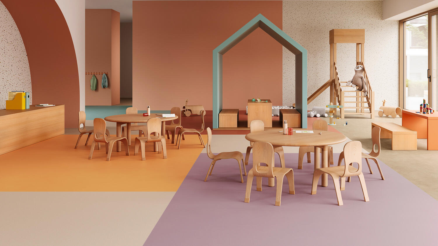 Modern kindergarten interior with colourful Essential flooring and wood furniture