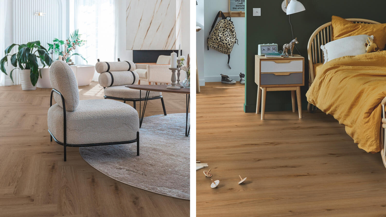 Wood effect vinyl flooring creating a warm and authentic feel in modern living and bedroom interiors