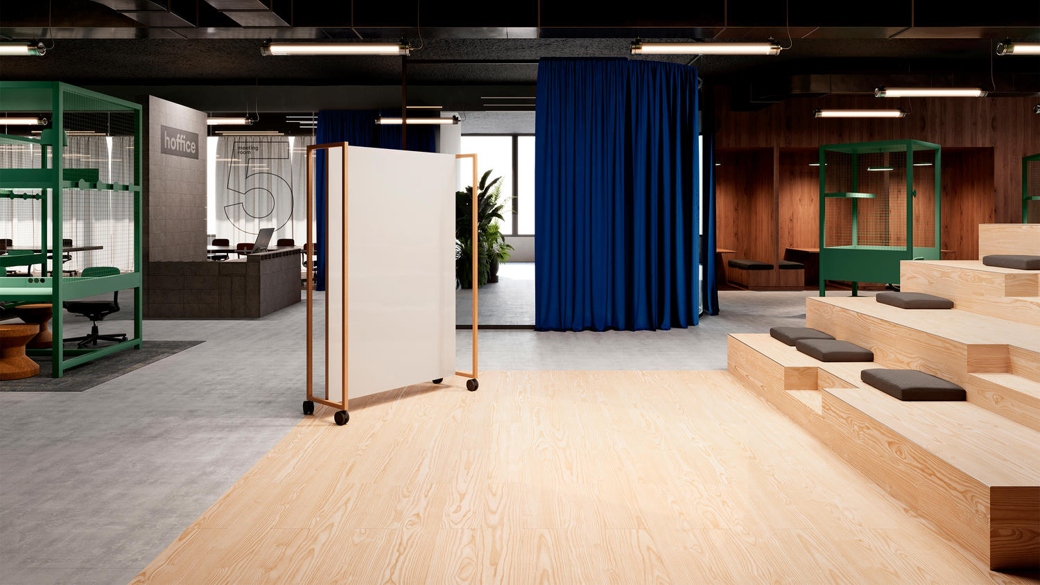 open space (bureau) avec vinyle modulaire et dalles de moquette Tarkett