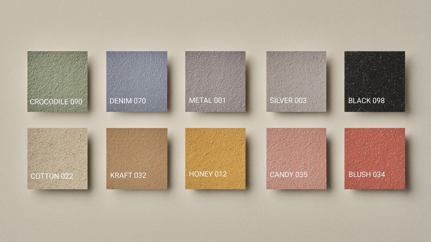 Losetas que muestran la gama de colores disponibles en la nueva colección de suelos de linóleo Lino Materiale de Tarkett.