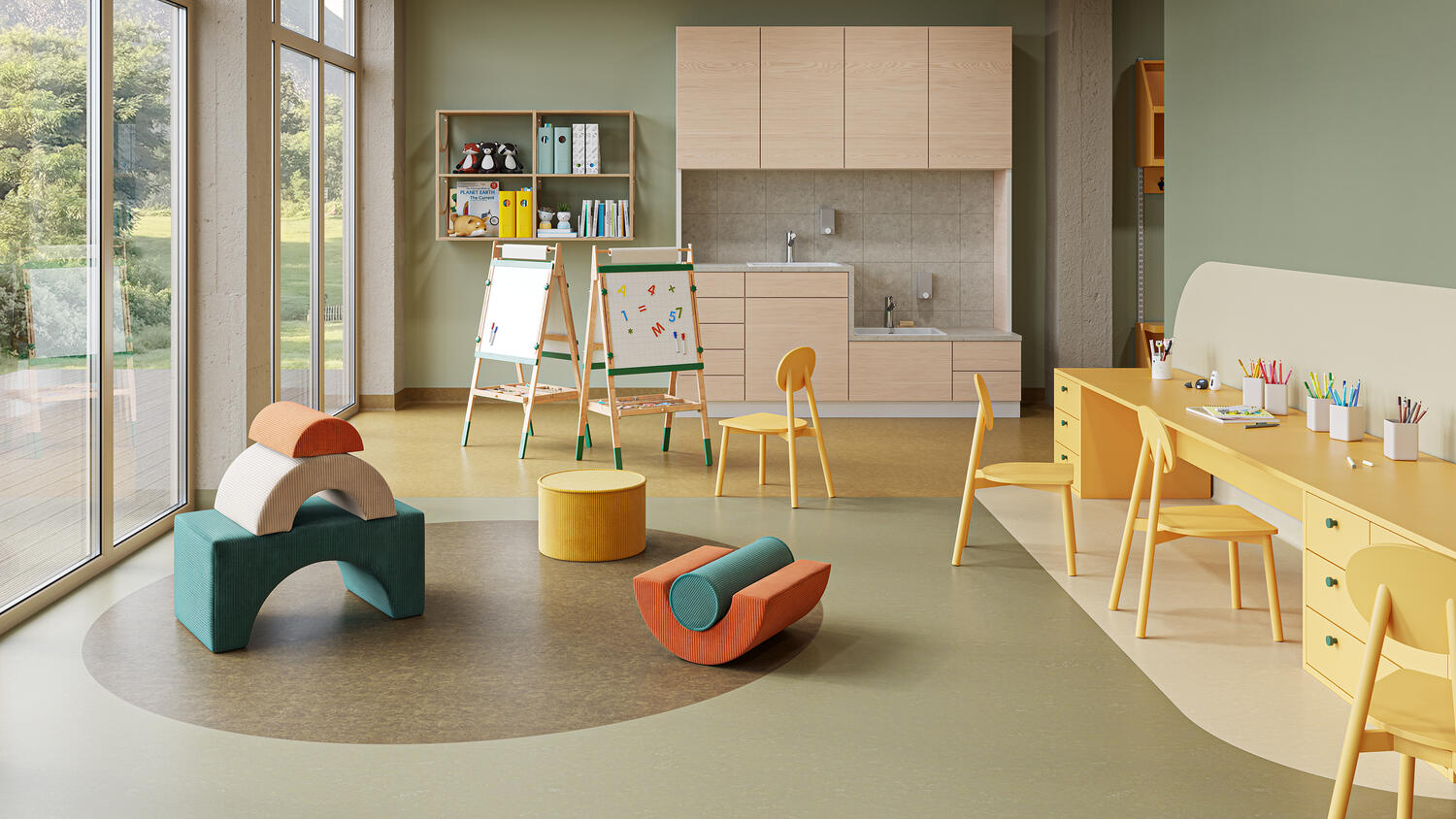 Modern Early Childhood Classroom Interior with Creative Learning Stations