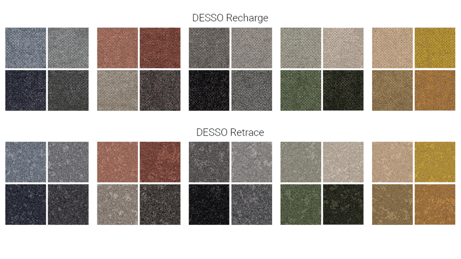 Barevná paleta cirkulárních výrobků Recharge a Retrace kolekce DESSO Origin