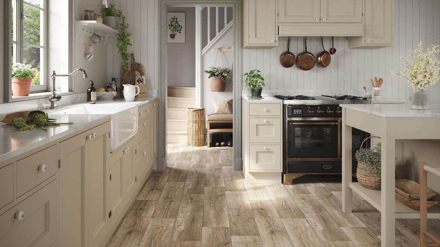 Stylish kitchen with water-resistant vinyl flooring, neutral tones and light, ideal for durable kitchen and bathroom interiors