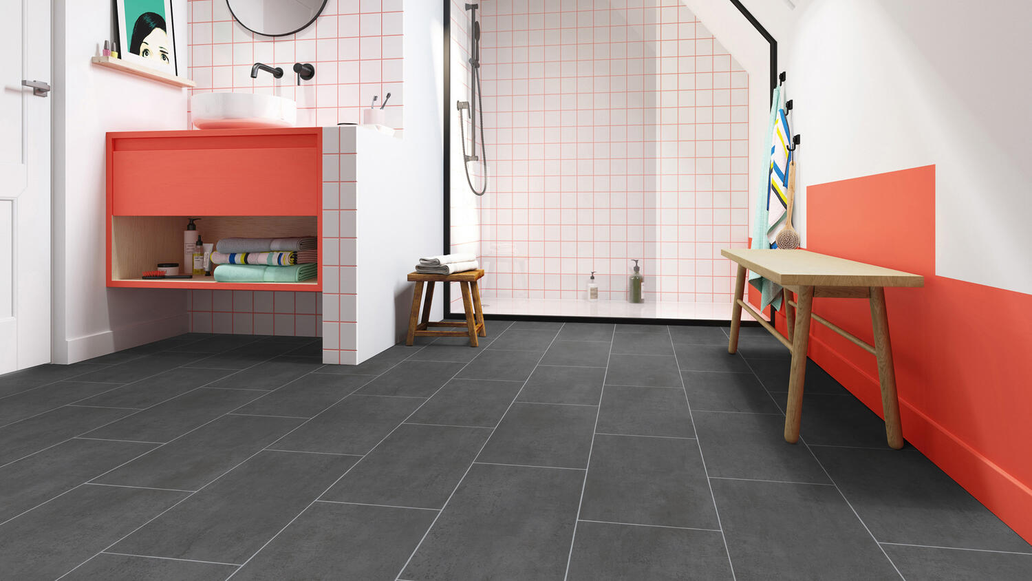 Bathroom with stone-effect vinyl flooring, illustrating durable vinyl design options suitable for wet rooms and everyday use