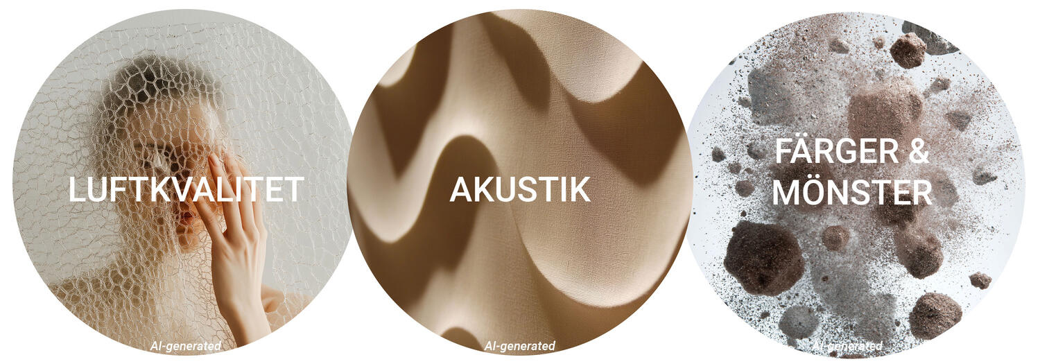 AI-bilder föreställande: en kvinna bakom en glasvägg, en figur föreställnde ljudvågor och en bild på exploderande material