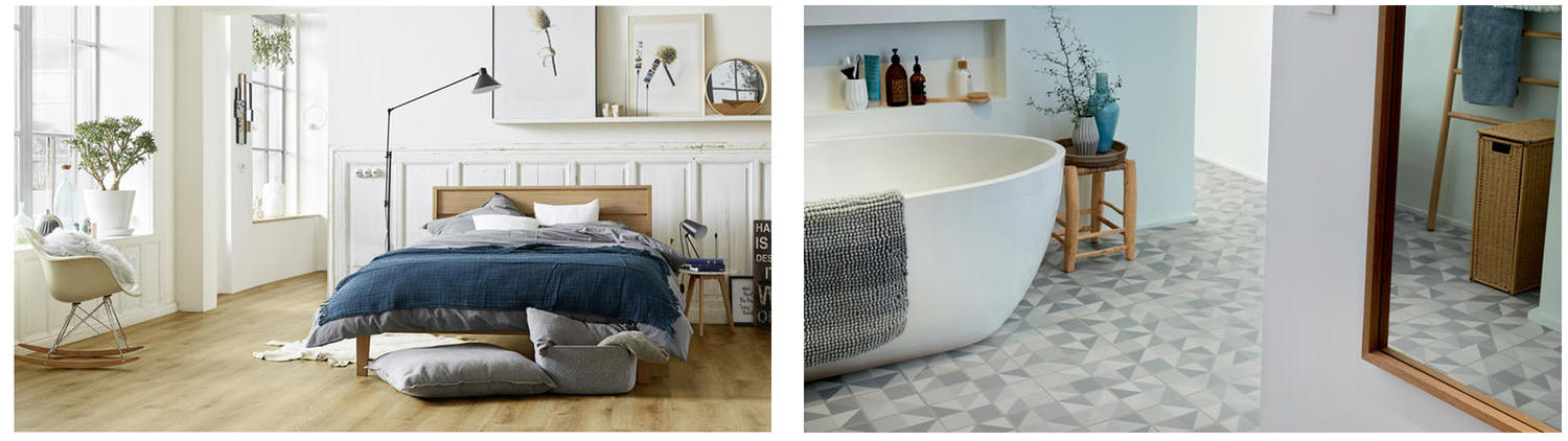 Colaj format din dormitor in stil minimalist amenajat in culori neutre si baie in stil minimalist cu pardoseala LVT