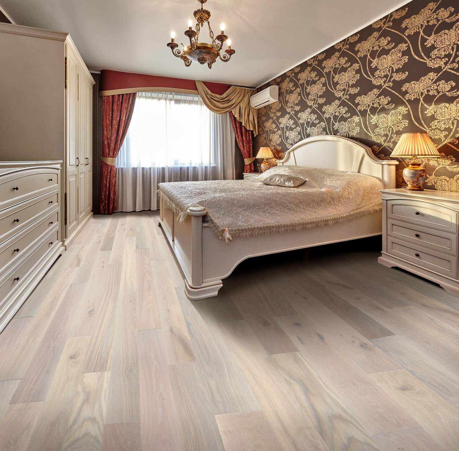 Parchet alb, din lemn, in dormitor elegant