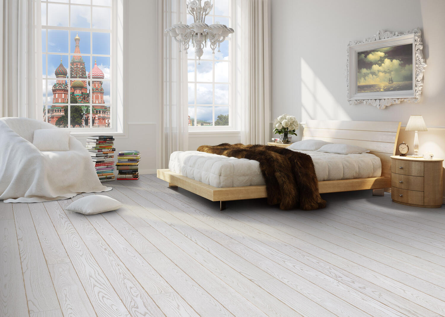 Parchet alb, din lemn, in dormitor modern