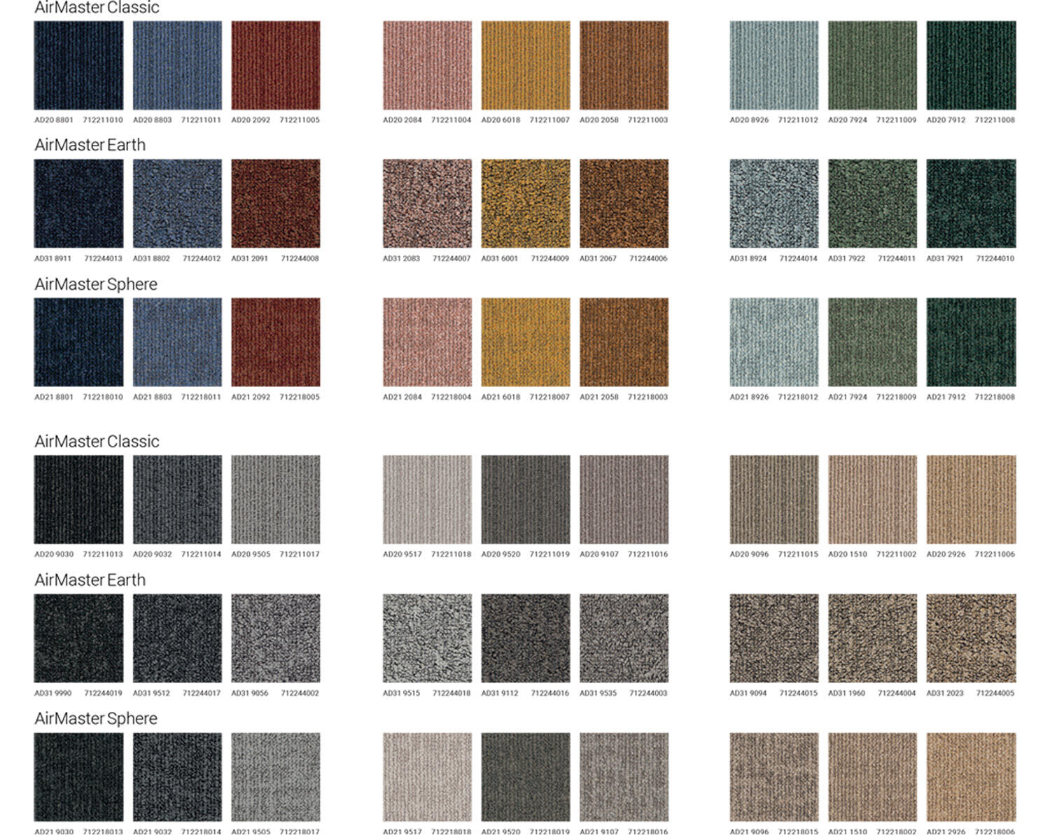 Palette de couleurs assorties des collections de dalles de moquette DESSO AirMaster Classic, Earth et Sphere