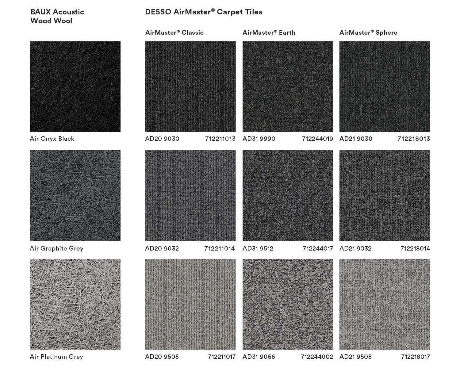 paleta boja Midnights DESSO tekstilnih ploča sa Baux izolacionim panelima