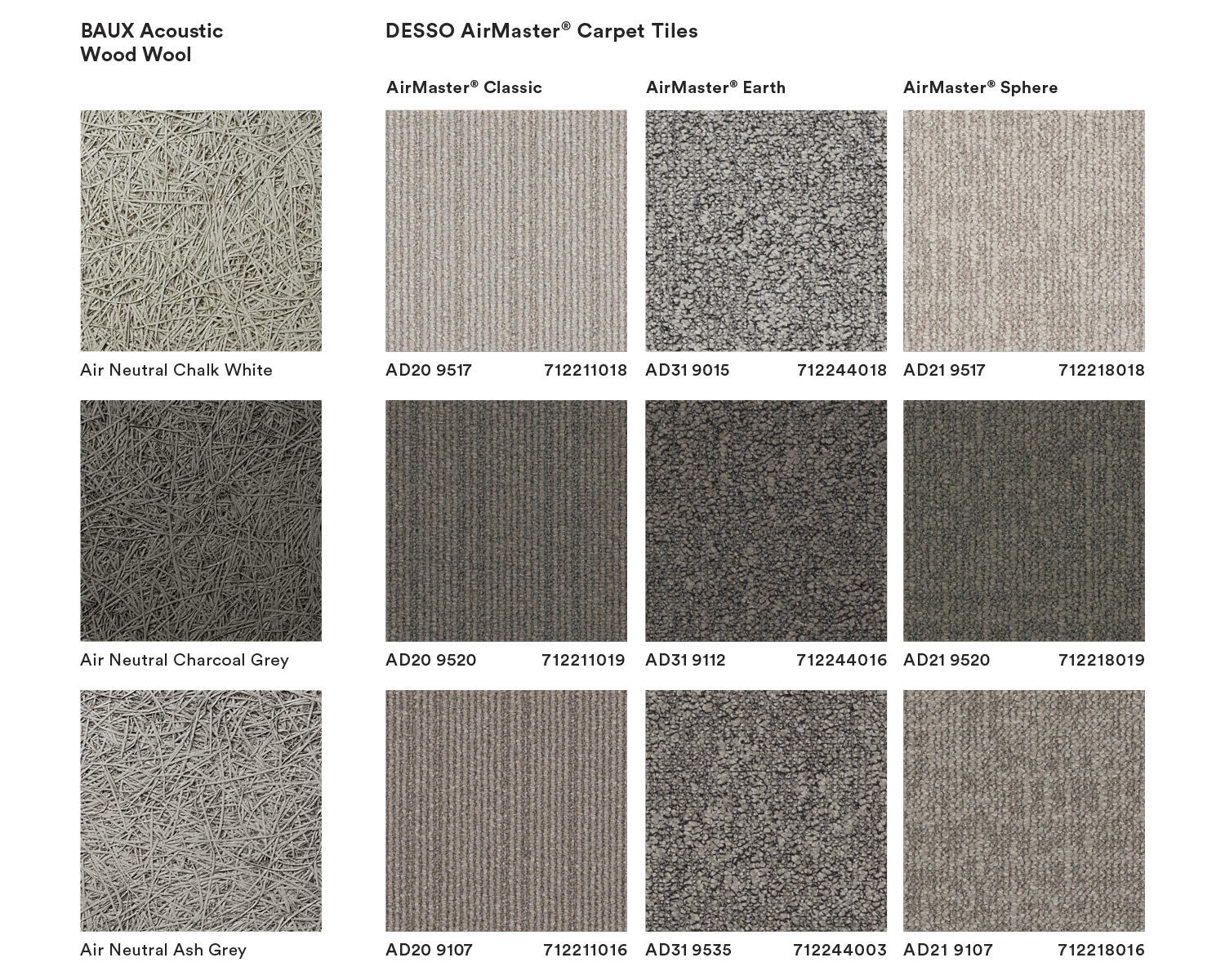 colour range Neutrals Tarkett carpet tiles and BAUX acoustic panels collaboration 