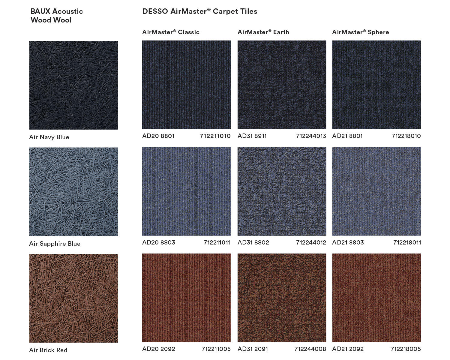 Colour range Oceanic colours from the Tarkett DESSO carpet tiles and BAUX acoustic wood wool panels collaboration