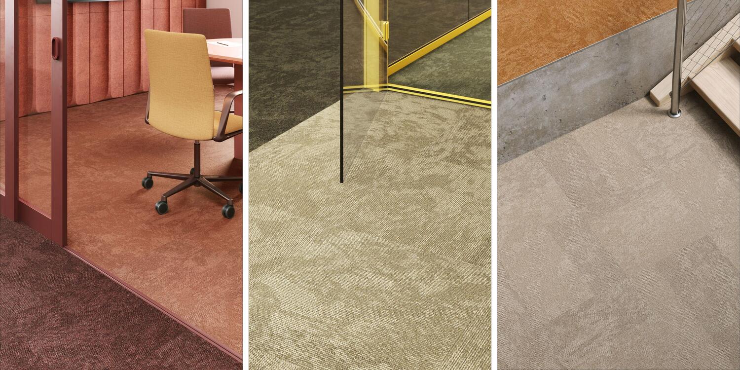 three images of the various colours DESSO Desert offers for creative expression on workplace designs