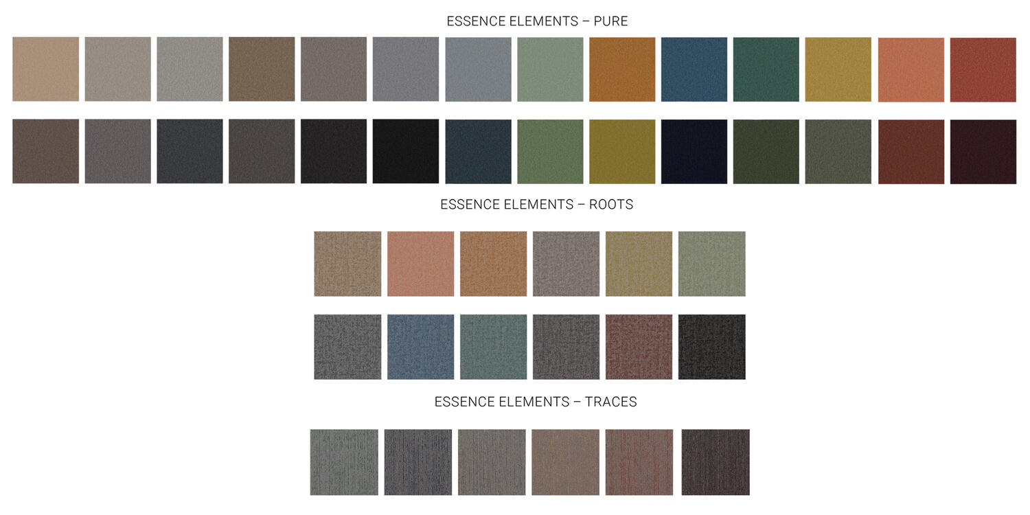 Aperçu de la gamme de couleurs de la collection de dalles de moquette DESSO Essence Elements, avec trois designs&nbsp;: Pure, Roots et Traces