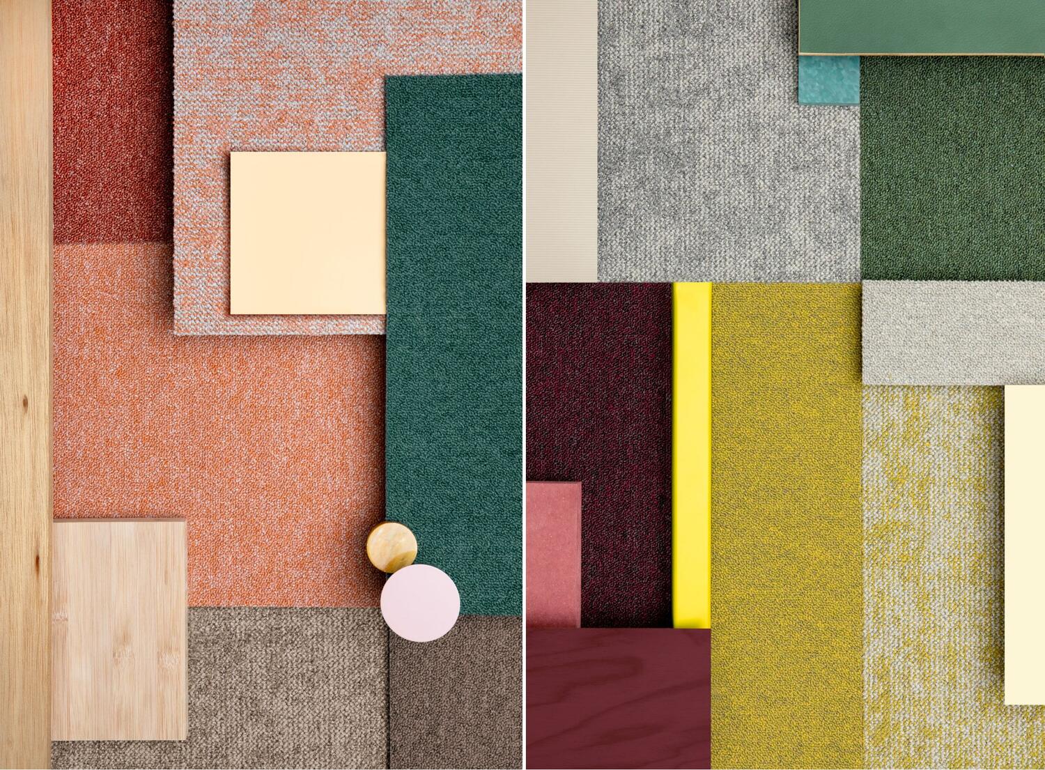 Two mood boards showcasing the various possibilities DESSO Essence Elements carpet tile collection offers for colour blocking