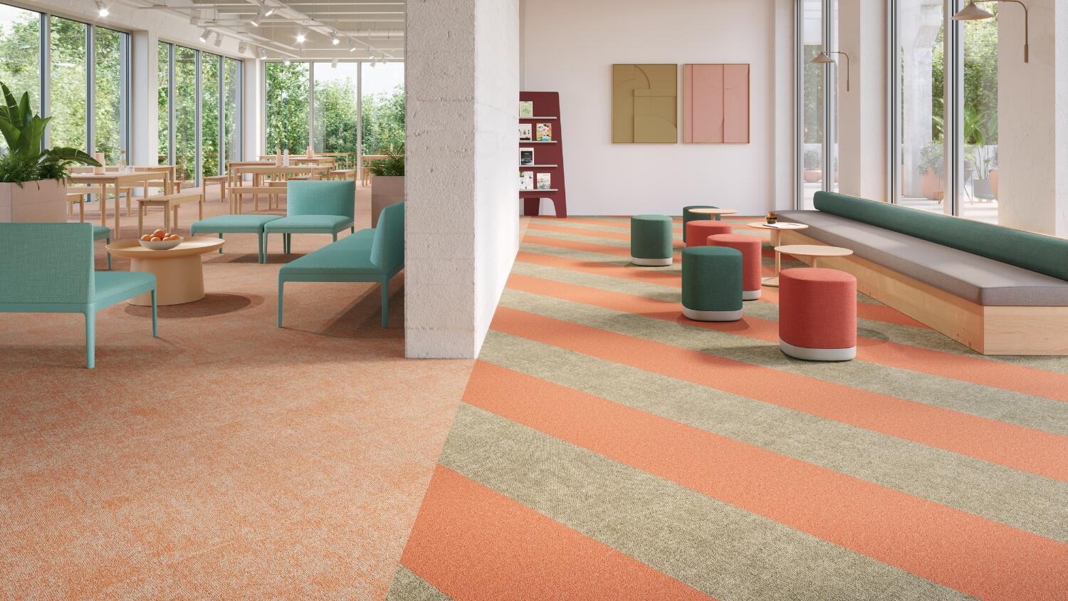 Colorful modern office with DESSO Elements carpe title collection that enables graphic, colour blocking or subtle patterns 