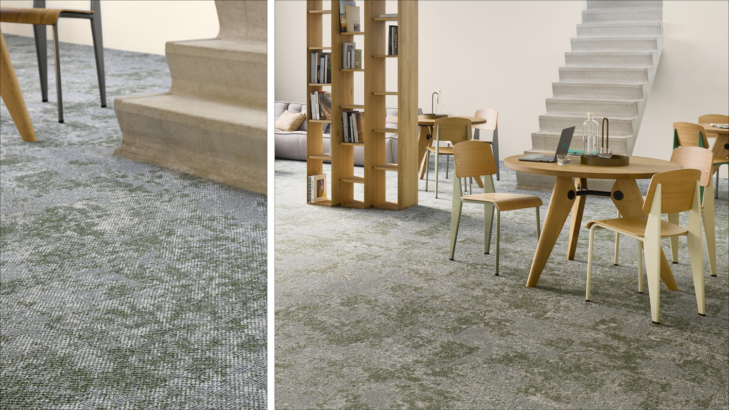 two images of natured inspired commercial carpet tiles for interior spaces