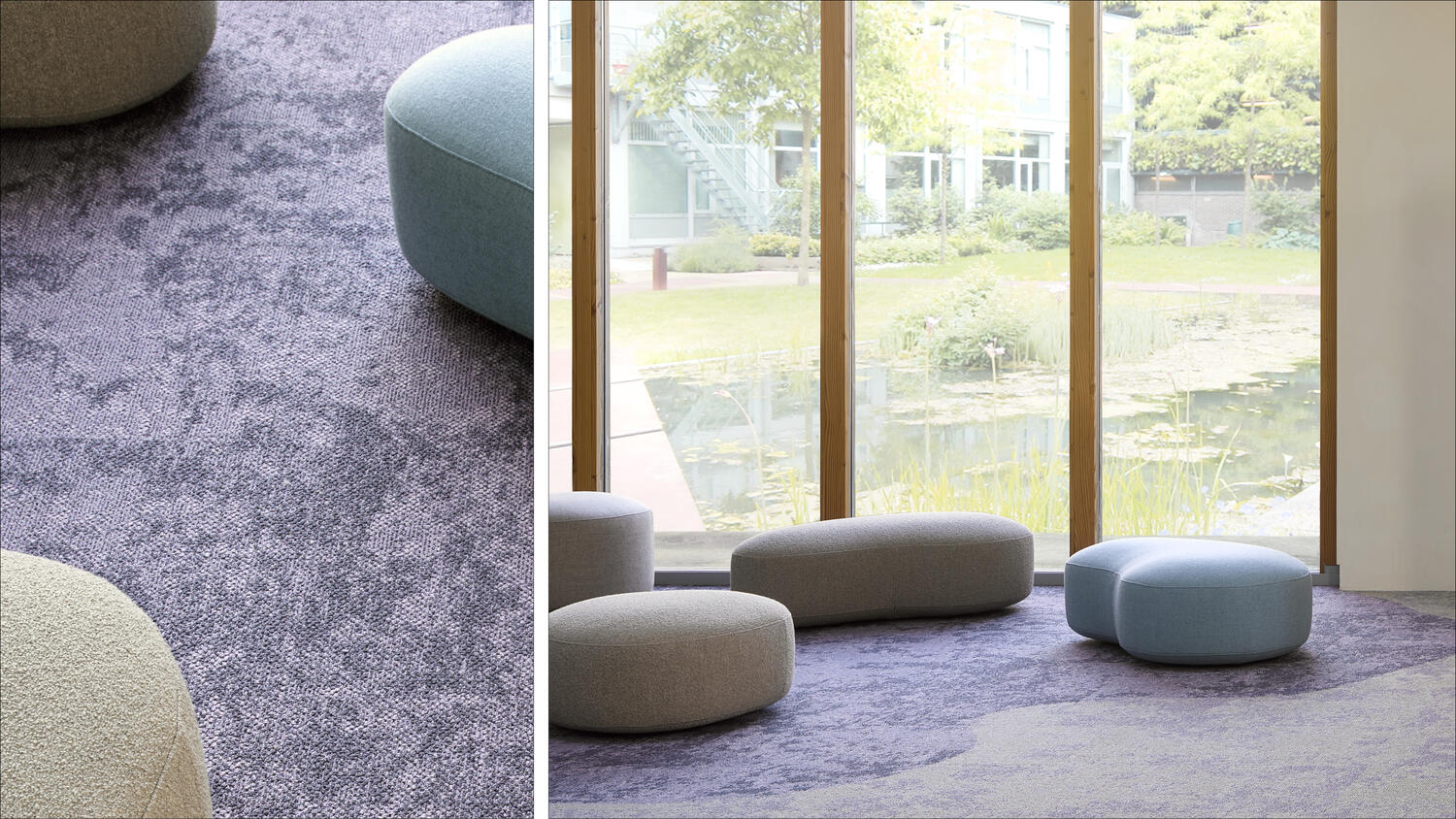 Two images showcasing the colorful desso grezzo carpet tiles with organic patters for interior spaces