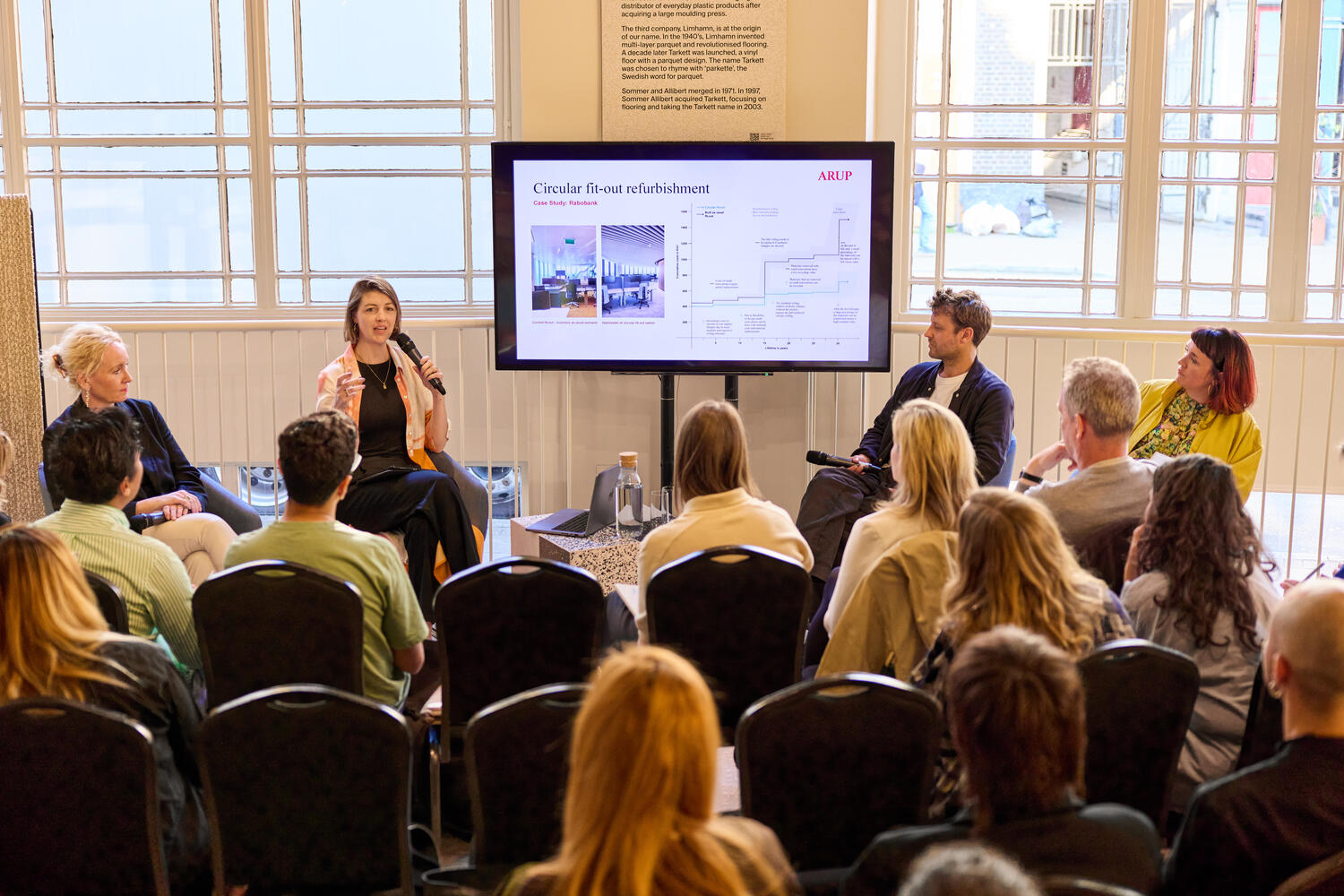 Sarah Dodge, Caroline Till, Jonny Buckland, and Anette Timmer discussing circular fit-out refurbishment at Inspire Circular