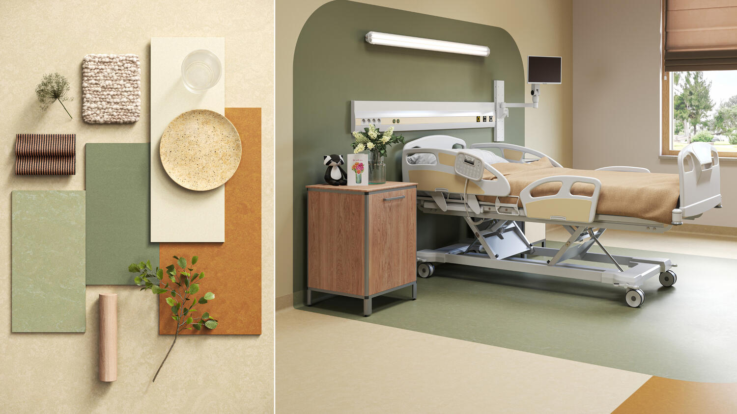 Moodboard εσωτερικού χώρου υγειονομικής περίθαλψης και δωμάτιο ασθενούς