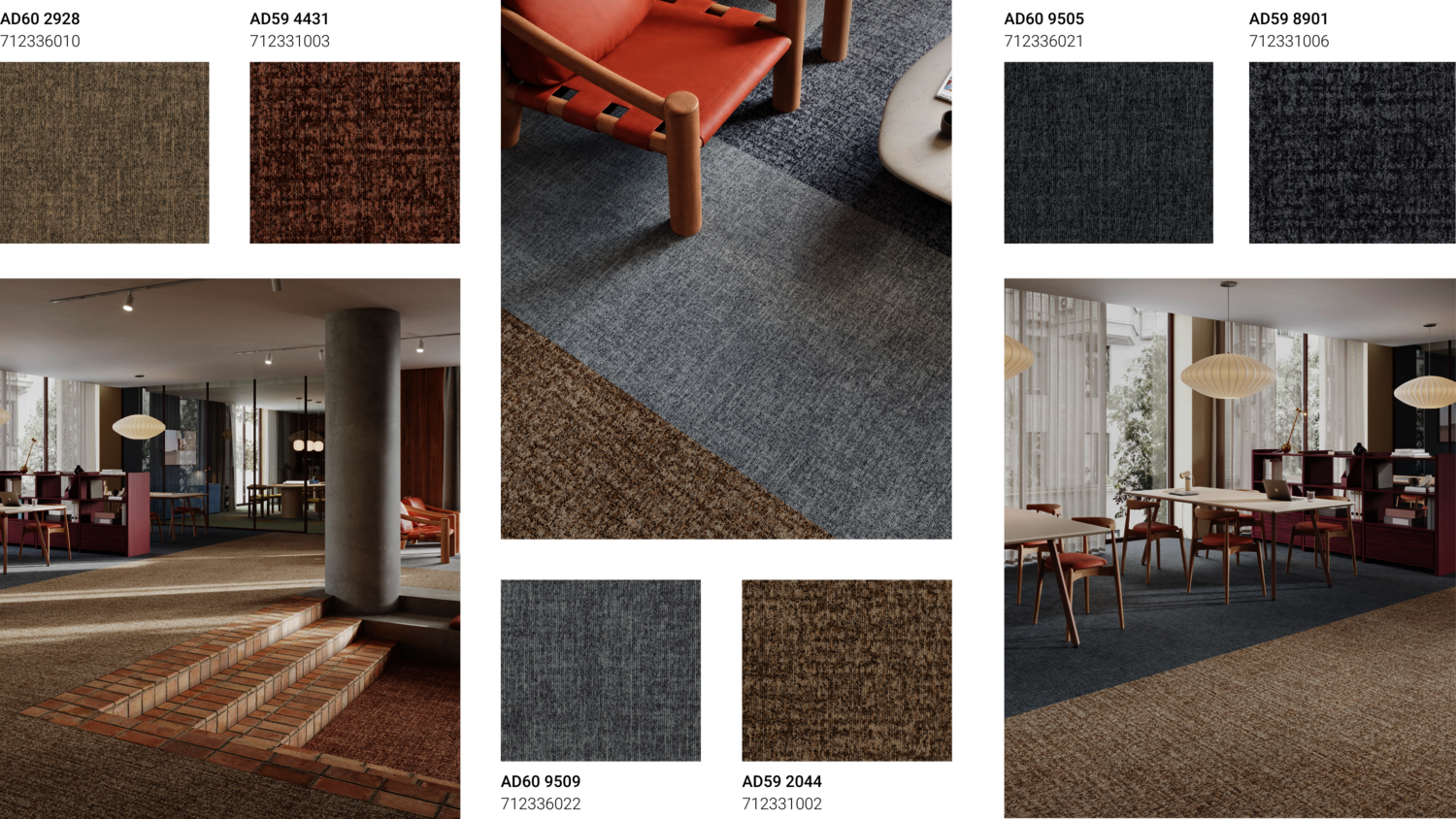 Collage of DESSO Linon and Linon Family carpet tile collection featuring close-up textures and colour swatches
