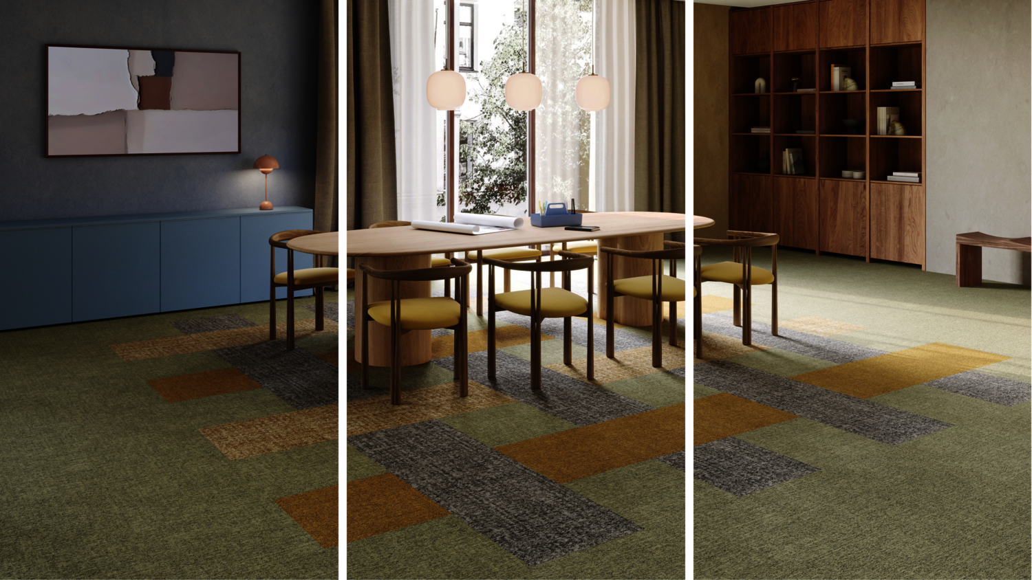 Modern meeting space featuring Linon Family carpet tiles in green, yellow, orange, creating a multifunctional interior
