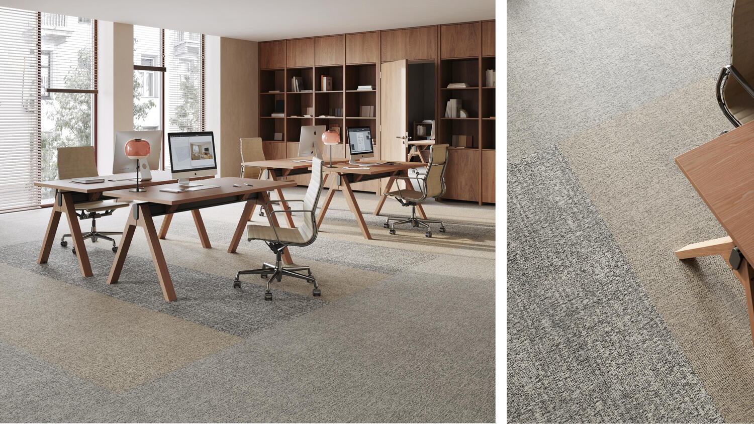 Collage of DESSO Linon and Linon Family carpet tile collection featuring close-up textures and small meeting room