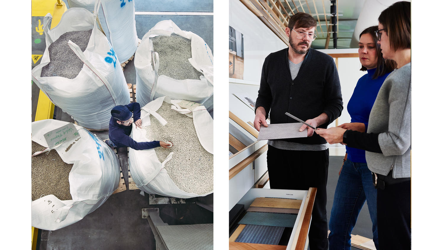 Designers handling vinyl flooring next to a restart operator in front of big bags filled with recycled granules.