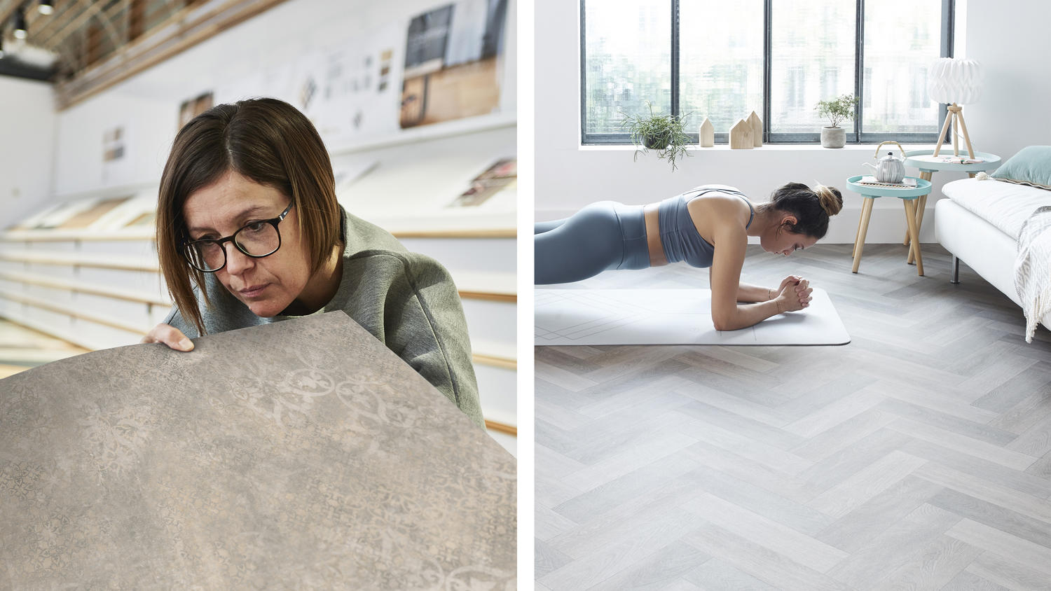 Designer selecting Tarkett flooring next to a young woman exercising in her living room