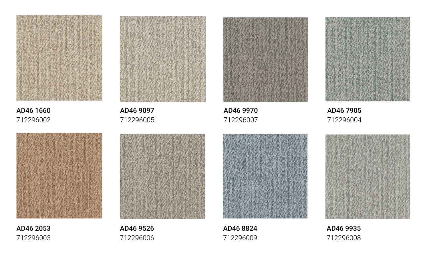 Available colours of DESSO Tactile Craft carpet tiles with codes, showcasing a range of natural tones and designs.