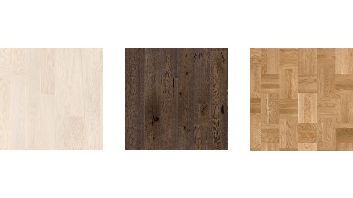 3 different colour and patterns of wooden floors