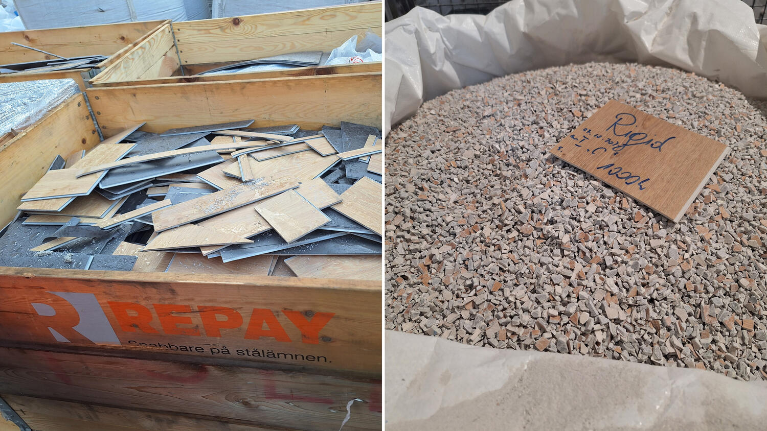 Två bilder av olika steg i återvinningsprocessen för använda LVT-golv