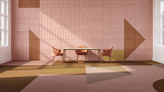 DESSO AirMaster carpet tiles and BAUX acoustic panels for walls united in a harmonised interior design for contemporary spaces